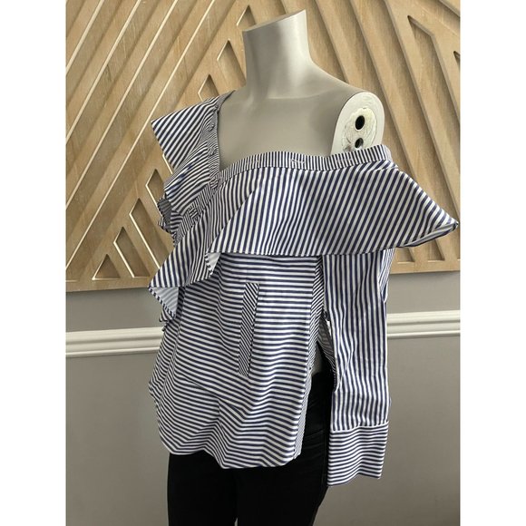 SELF-PORTRAIT Striped Off Shoulder Asymmetric Frill Shirt - Size 2 - Picture 9 of 12